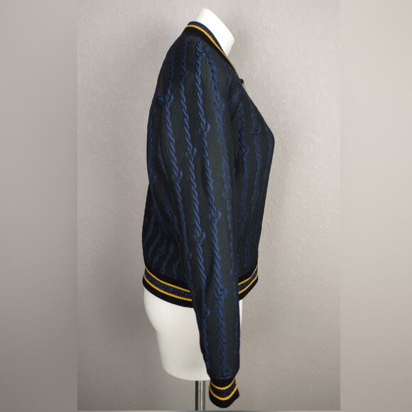 3.1 Phillip Lim Brocade Cable Print Varsity Bomber Black & Blue Jacket Size 4 - Picture 3 of 16